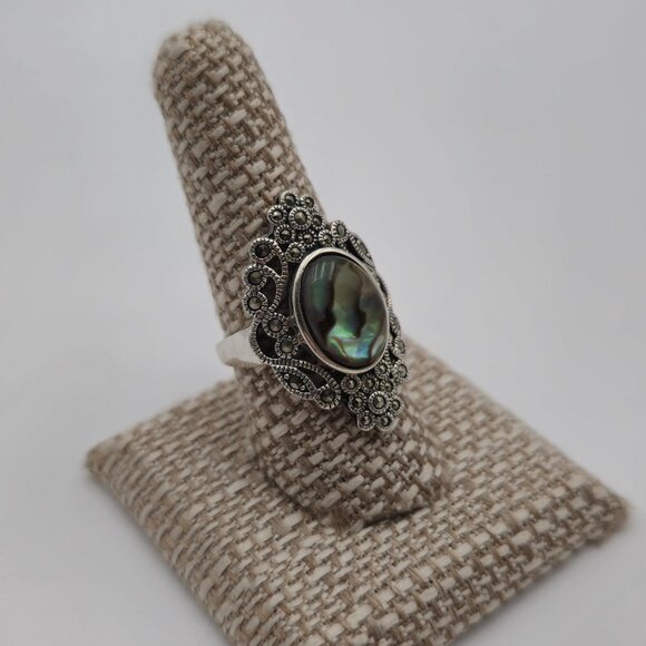 Size 9 Sterling Silver Abalone And Marcasite Gems Ring A1869 - Picture 3 of 9